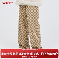 (WUT official store) original design oat rice white checkerboard washed straight draped jeans casual pants