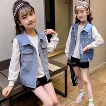 Girl Waistcoat Light Blue Denim Kan Shoulder Spring Autumn New Children 2022 Vest Jacket CUHK Boy Girl Tide Waistcoat