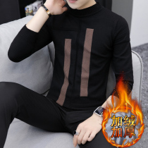 Mens sweater semi-high collar winter velvet thickened middle collar knitted base shirt Student warm trend mens line clothing
