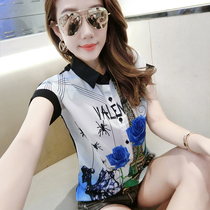 European station tide brand 2021 summer Korean fashion printed short sleeve chiffon shirt women's loose lapel Joker jacket