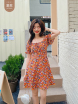 Seven volume a cut dress female summer little man Orange temperament elegant short sleeve floral skirt skirt skirt 270