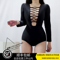 INS Small Red Book Sexy Conjoined Deep V Collar Long Sleeve Resort Wind Swimsuit Womens Chest Front Strap Sunscreen Surfing Diving Suit