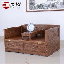 Mahogany furniture chicken wing wood antique solid wood carved double sofa bed bed folding Lohan bed 2 sets
