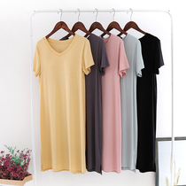 Modal nightgown female summer with chest pad Ice Silk V collar short sleeve thin loose large size free bra outside home dress