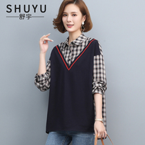 Fake two-piece shirt women long sleeve 2021 spring new Korean version loose size casual fashion plaid top