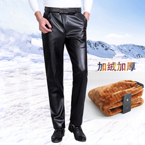 Winter mens leather pants middle and old loose waterproof velvet thickened motorcycle takeaway motorcycle windproof warm work pants