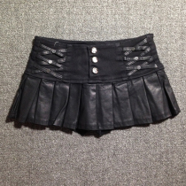 European and American autumn and winter small leather skirt high waist skirt A short skirt puleather anti-light pants skirt womens bag hip pleated skirt