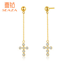 US DIAMOND DIAMOND ear thread female yellow 18K gold Lucky Cross exquisite DIAMOND earrings new gift