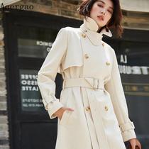 Beige Trench Coat Female Long 2021 Autumn Super Classic not easy wrinkled double-breasted slim temperament jacket British