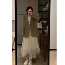ms sweet end end autumn and winter Korean version of the silhouette design sense green loose and thin casual coffee color suit jacket women