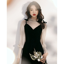 Small evening dress women 2021 New usually can wear banquet temperament black dress long sleeve short