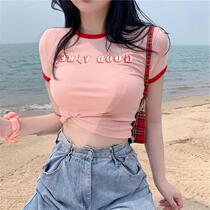 Xia Xian chest contrast stitching letters net red anchor girl short-sleeved T-shirt womens new tight umbilical short top t