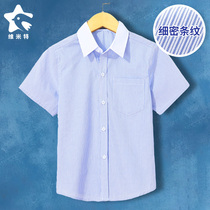 Childrens clothing boys cotton short-sleeved blue striped shirt primary school shirts school clothing girls inch shirts