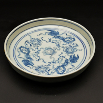 Ming Blank period Blue and white lion rolling hydrangea tea plate Dry bubble plate Antique pot bearing melon and fruit plate Antique antique ornaments
