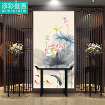 Ink Lotus fish porch background wall cloth customized whole corridor aisle decorative wallpaper mural imitation classical lotus