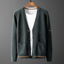 Spring and autumn new sweater jacket mens trend V-neck jacquard cardigan outer threading clothes simple business style