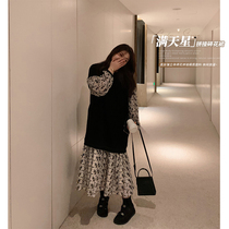 ALIN Customised Big Code Womens Dress Fat Sister Mm Long Skirt Shades of High Temperament Shatter Splicing one-piece dress