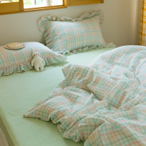 Soft cotton with pure cotton yarn four sets full cotton double layer yarn Korea Colour plaid small fresh lace bedside bedding