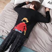 Pajamas male long sleeve cotton spring and autumn cartoon youth middle school students big boy pirate king plus fat plus size Lufei