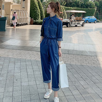 European station fashion casual loose large size net red tooling denim jumpsuit womens 2020 autumn new jumpsuit