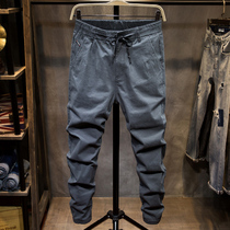 Autumn elastic waist casual pants mens nine-point Harun plus size fat loose mens pants gray tide Korean version of the foot