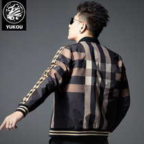 Yukou mens jacket 2021 new spring and autumn baseball suit slim personality plaid stripe stitching tide brand jacket men