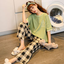 Pajamas Women summer 2021 cotton short sleeve trousers set Korean cartoon students two-piece home clothes can be worn outside