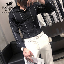 Rich bird British Plaid striped shirt men long sleeve slim Korean version of Ruffian handsome hair stylist mens shirt trend