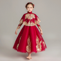 Chinese girl red long sleeve princess dress flower girl wedding dress puffy gauze childrens catwalk host evening dress autumn and winter