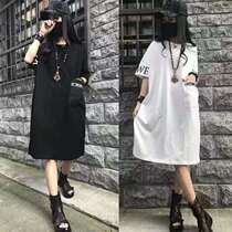 Cotton 200 jin can wear large size loose skirt new large size loose Korean medium long short sleeve t-shirt dress