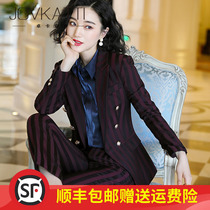 High-end suit suit womens professional clothing temperament goddess Fan autumn winter fashion stripes suit real estate work clothes tide