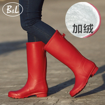 Rain shoes Womens fashion style wear high tube rain boots velvet Korean waterproof shoes Autumn and winter non-slip rubber shoes galoshes