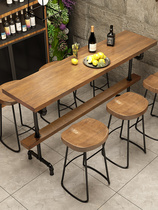 Vintage solid wood bar table and chair Wrought iron water pipe Industrial style wall long table Commercial milk tea shop tea restaurant high foot table