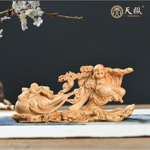 Taihang Cliff Wood carving crafts decoration cloth bag monk Maitreya Buddha root carving handlebar gift collection carving