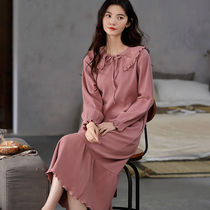 Night dress womens spring and autumn strip pure cotton long-sleeved Korean version of large size pajamas Long dress loose home clothes can be worn outside