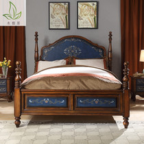 American wood cai hui chuang bedroom 1 5 m 1 8 meters single bed Villa vintage hand-painted bedside cabinet combination