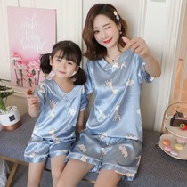 Girls Pajamas Summer Ice Silk Children Short Sleeve Thin Set Parent-Child Mother Women Children Summer Princess Home Clothes