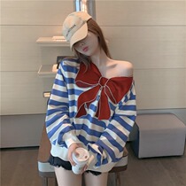2021 autumn and winter new sexy blue and white striped bow tie sweater base shirt womens Western slim-fit top women