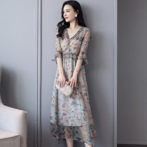 2021 summer new floral chiffon dress noble port wind lady long dress thin and high temperament skirt