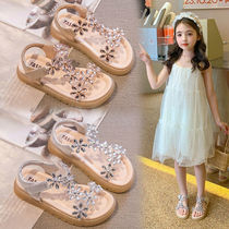Rhinestone girl sandals 2021 summer new net red crystal flower childrens big child Princess childrens shoes