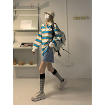 DREAM SEVEN77 American retro loose striped polo collar jersey woman oversize2021 autumn new