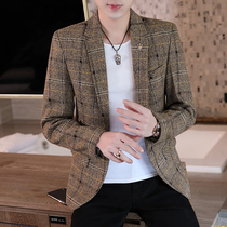 Plaid suit jacket mens spring and autumn Korean version of self-cultivation new single West handsome coat trend small suit men