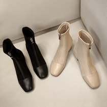 Autumn and winter small fragrant wind Short boots Female suede square head coarse heel Almond Elastic Boots Slim boots Genuine Leather High Heel Nude Boots Heel