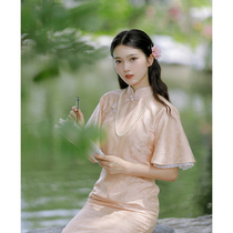 Fragrant Orange Pour Big Sleeves Real Silk Qipao Womens Summer 2022 New Mid-Length Slim Improvement Teenage Girl Dress