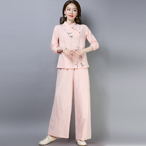 Tai Chi clothing summer women breathable printed long-sleeved Chinese wind cotton hemp practice suit Tai Chi suit off code clearance