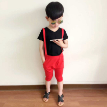 Girls pure cotton boy back with pants suit Summer children short sleeve T-shirt Two sets of red Harun pants Korean version of the tide