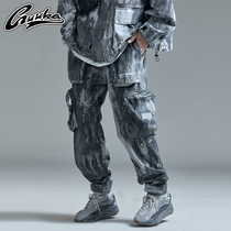 GUUKA cement gray tie-dyed tug pants mens Tide brand early spring students hip-hop multi-pocket tooling pants loose