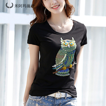 Mi Amarshman flagship store official website 2021 summer womens new round neck handmade nail beads owl tide T-shirt