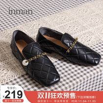 Yinman womens shoes loafers womens summer soft leather one-pedal shoes French black leather loafers retro British style