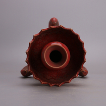 Chunde Tang}Qing high temperature color glaze chicken blood red glaze three-legged lotus candlestick Jingdezhen old antique porcelain ancient